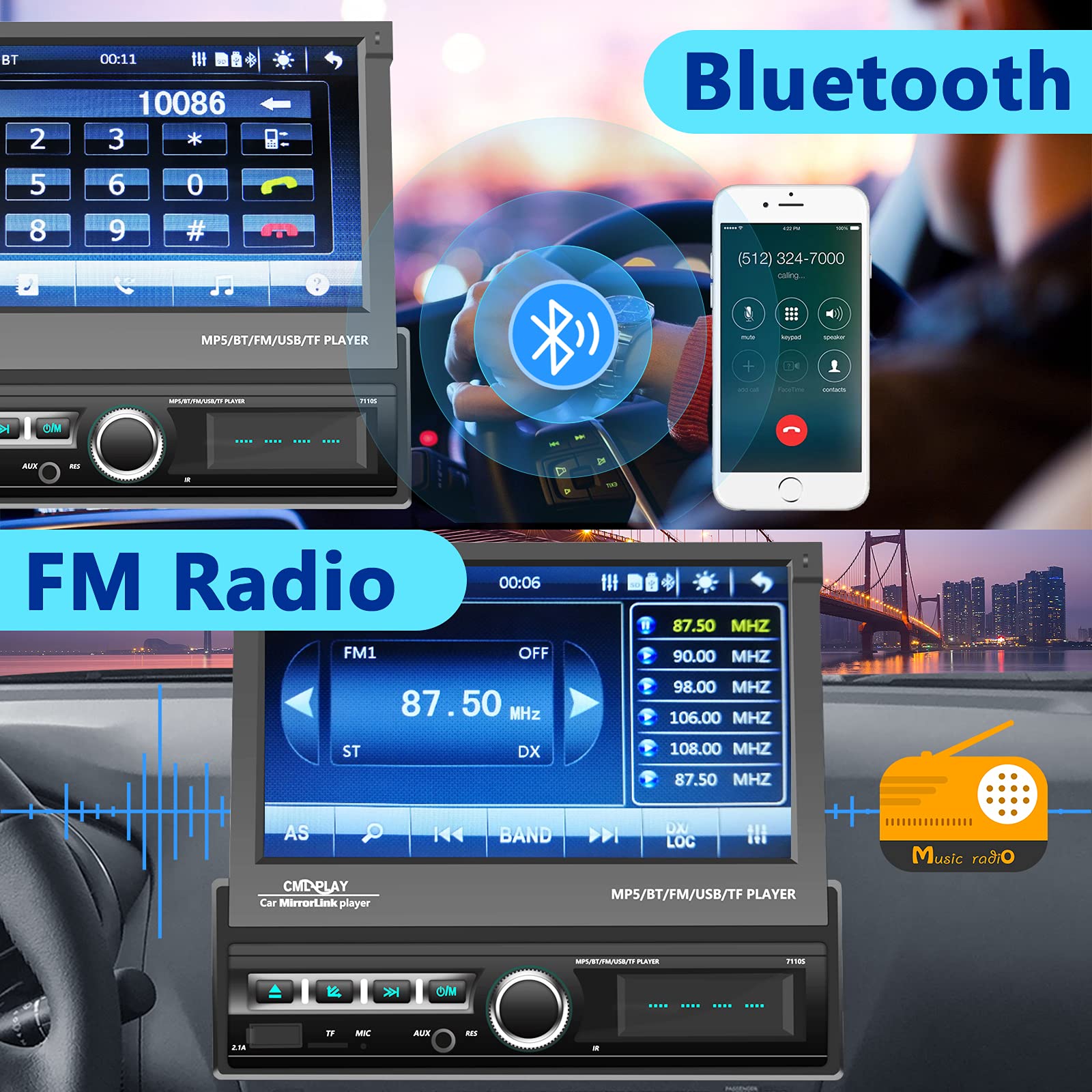 Podofo Single Din Touchscreen Car Stereo 7 Inch Motorized Flip Out Screen Car Radio In Dash Head Unit Support Bluetooth Fm Aux U